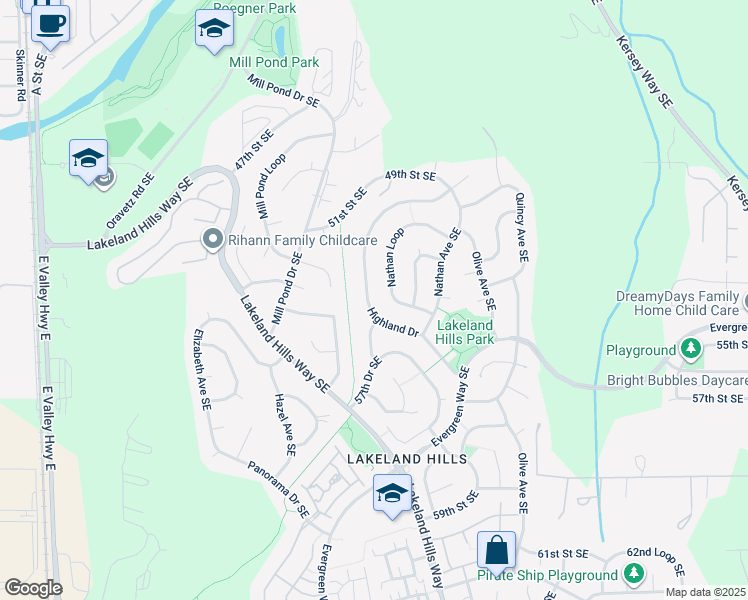 map of restaurants, bars, coffee shops, grocery stores, and more near 5326 Highland Drive Southeast in Auburn