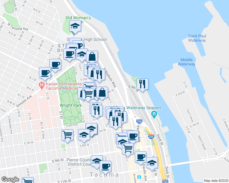 map of restaurants, bars, coffee shops, grocery stores, and more near 408 Broadway in Tacoma