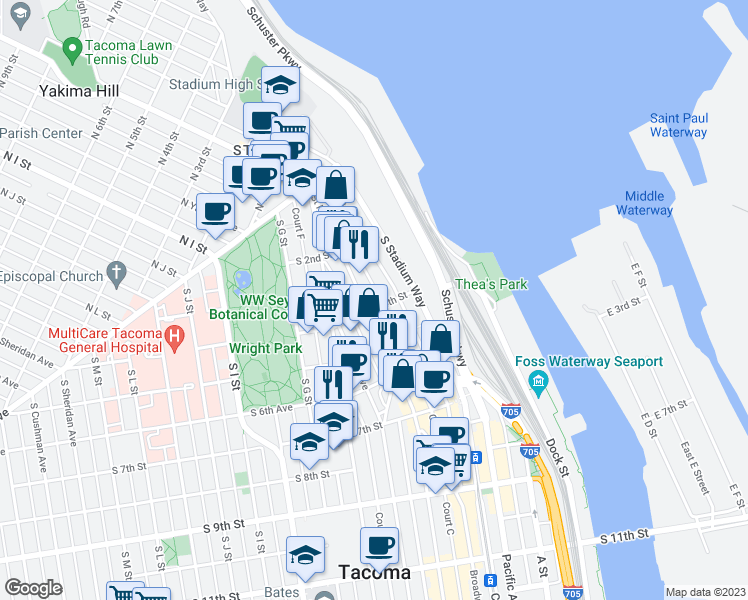 map of restaurants, bars, coffee shops, grocery stores, and more near 246 Saint Helens Avenue in Tacoma