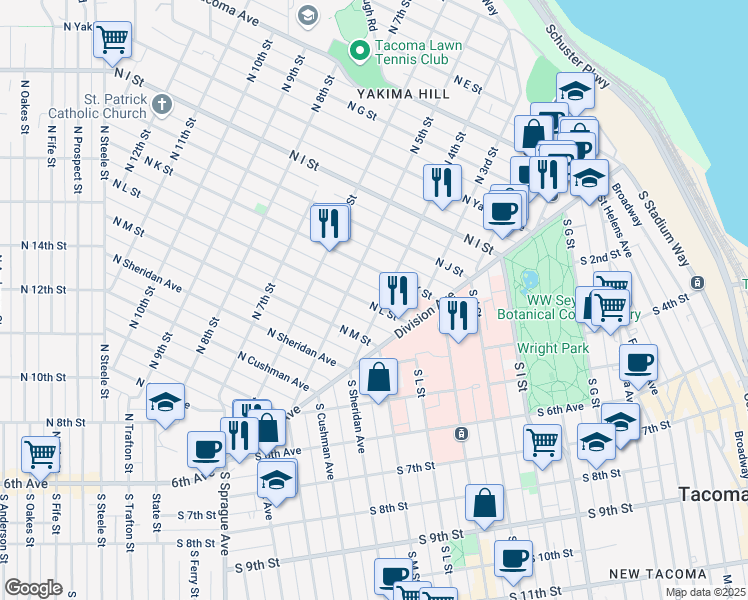 map of restaurants, bars, coffee shops, grocery stores, and more near 406 North L Street in Tacoma