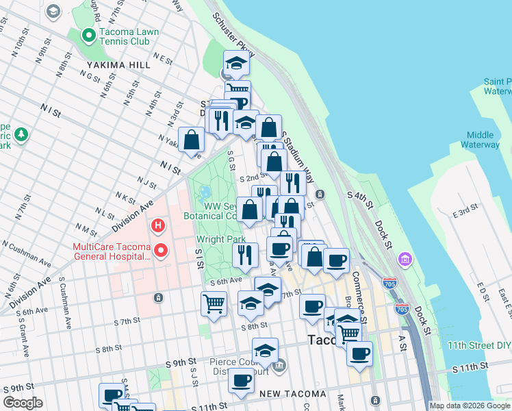 map of restaurants, bars, coffee shops, grocery stores, and more near 304 Tacoma Avenue South in Tacoma