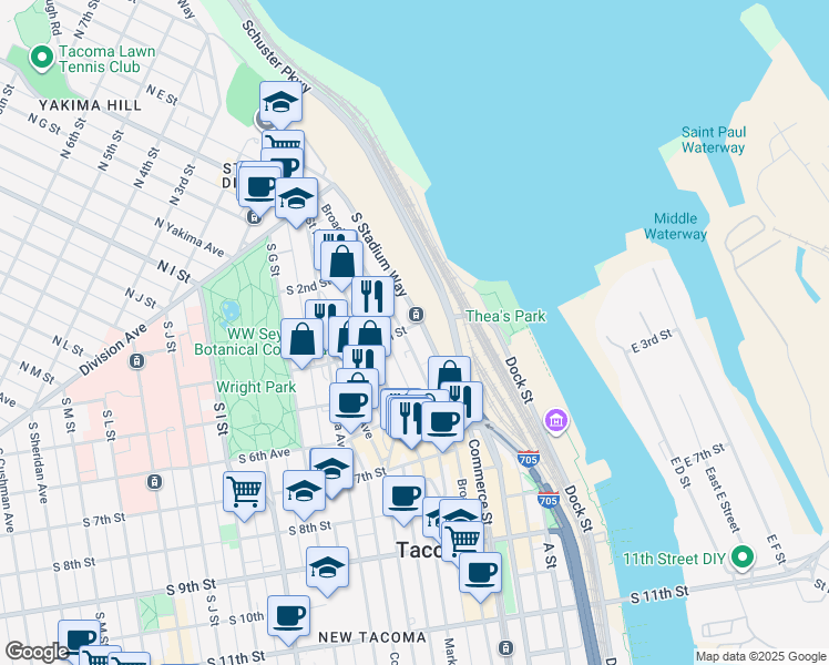 map of restaurants, bars, coffee shops, grocery stores, and more near 408 Broadway in Tacoma