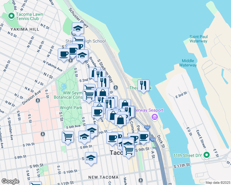 map of restaurants, bars, coffee shops, grocery stores, and more near 401 Broadway in Tacoma