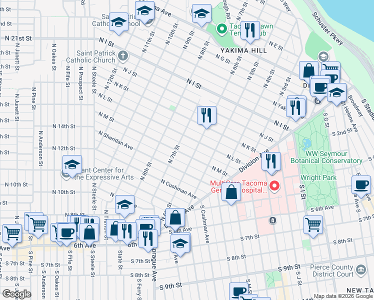 map of restaurants, bars, coffee shops, grocery stores, and more near in Tacoma