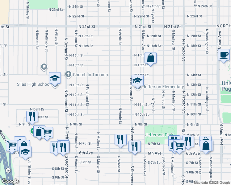 map of restaurants, bars, coffee shops, grocery stores, and more near 4509 North 12th Street in Tacoma