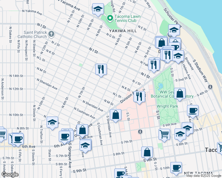 map of restaurants, bars, coffee shops, grocery stores, and more near 406 North L Street in Tacoma