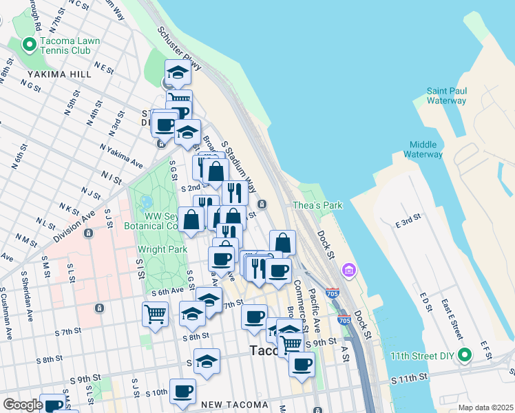 map of restaurants, bars, coffee shops, grocery stores, and more near 408 Broadway in Tacoma