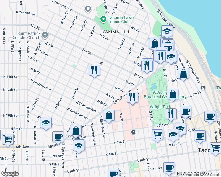 map of restaurants, bars, coffee shops, grocery stores, and more near 311 North L Street in Tacoma