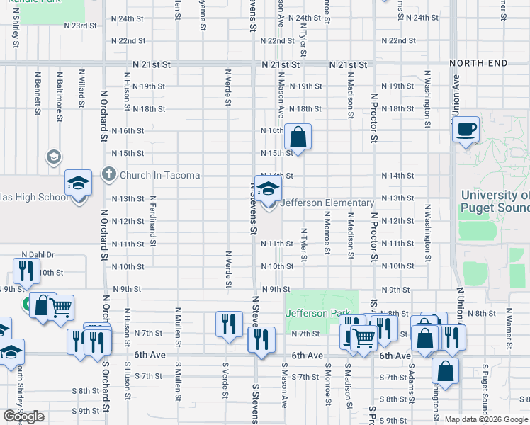 map of restaurants, bars, coffee shops, grocery stores, and more near 1110 North Stevens Street in Tacoma