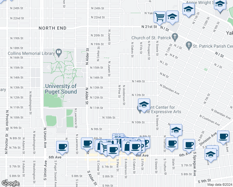 map of restaurants, bars, coffee shops, grocery stores, and more near 1210 North Pine Street in Tacoma