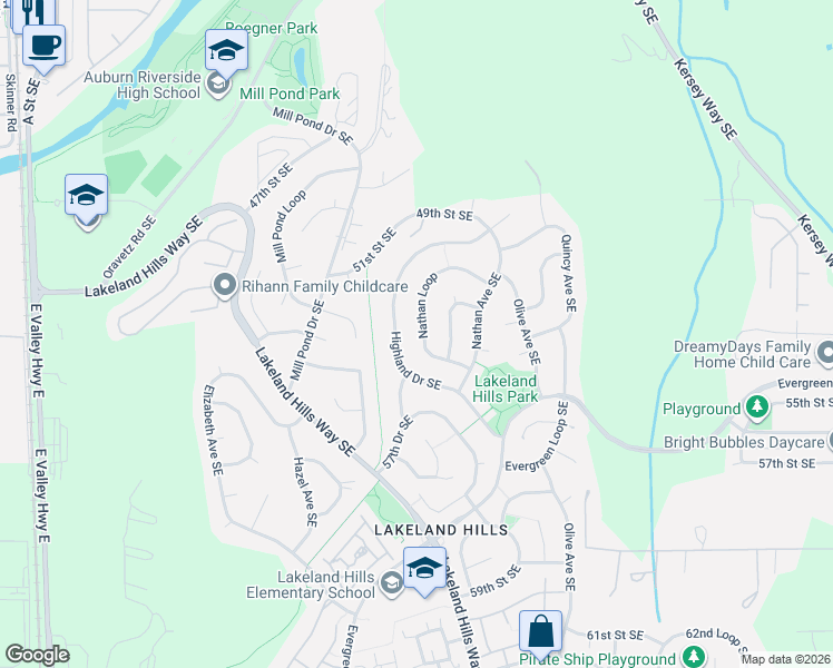 map of restaurants, bars, coffee shops, grocery stores, and more near 5212 Highland Drive in Auburn