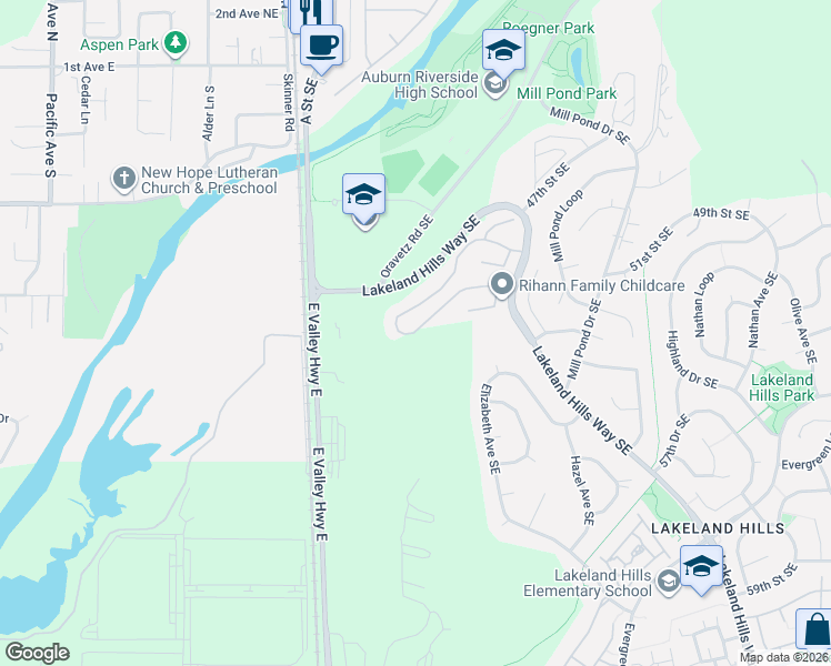 map of restaurants, bars, coffee shops, grocery stores, and more near 317 50th Street Southeast in Auburn
