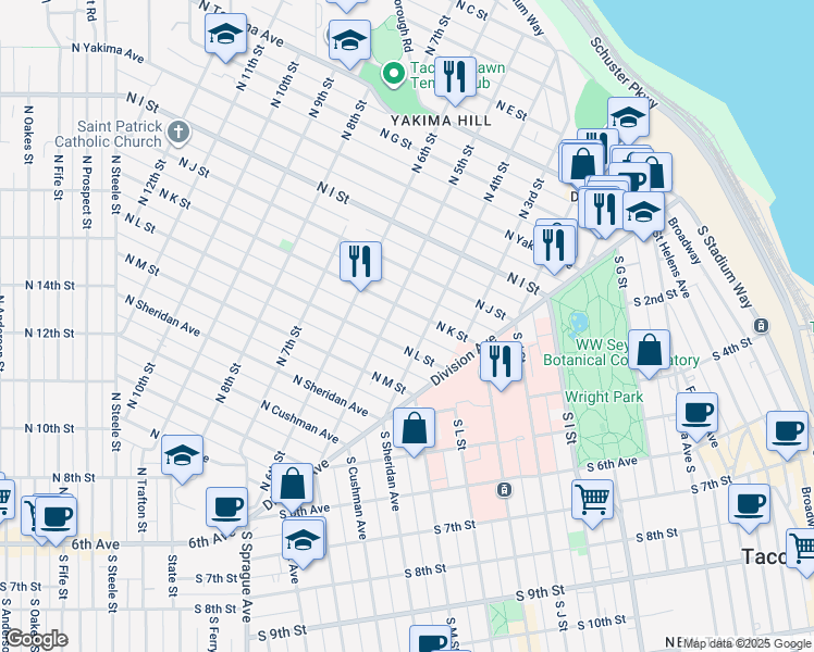 map of restaurants, bars, coffee shops, grocery stores, and more near 1018 North 5th Street in Tacoma