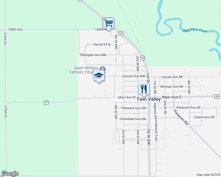 map of restaurants, bars, coffee shops, grocery stores, and more near 205 3rd Street Northwest in Twin Valley