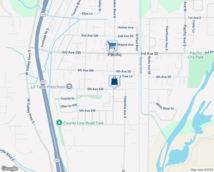 map of restaurants, bars, coffee shops, grocery stores, and more near 112 1/2 5th Avenue Southwest in Pacific