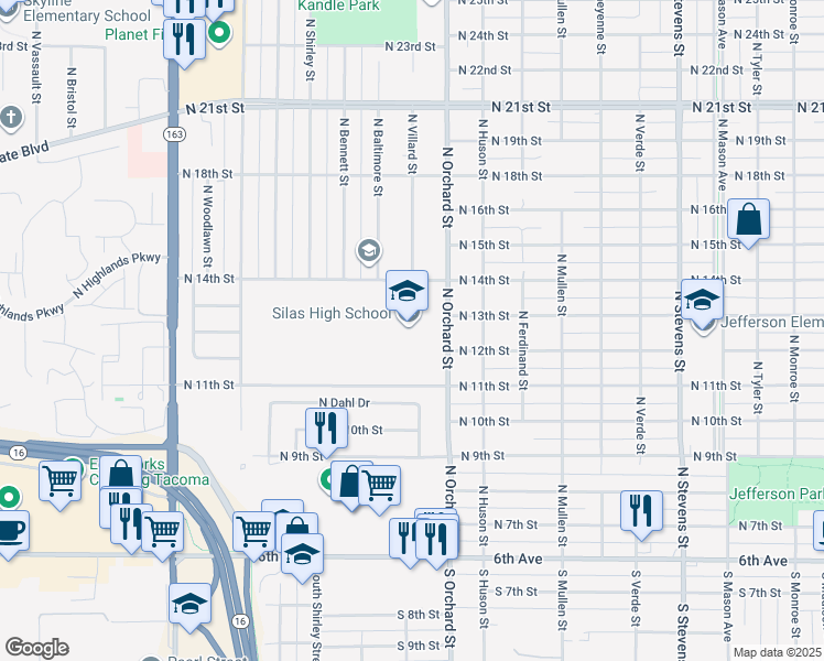 map of restaurants, bars, coffee shops, grocery stores, and more near 1202 North Orchard Street in Tacoma