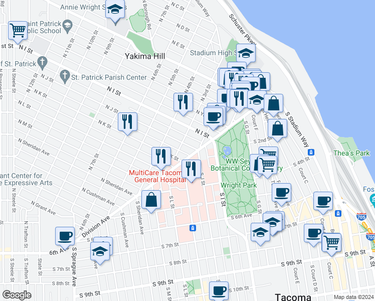 map of restaurants, bars, coffee shops, grocery stores, and more near 301 North J Street in Tacoma