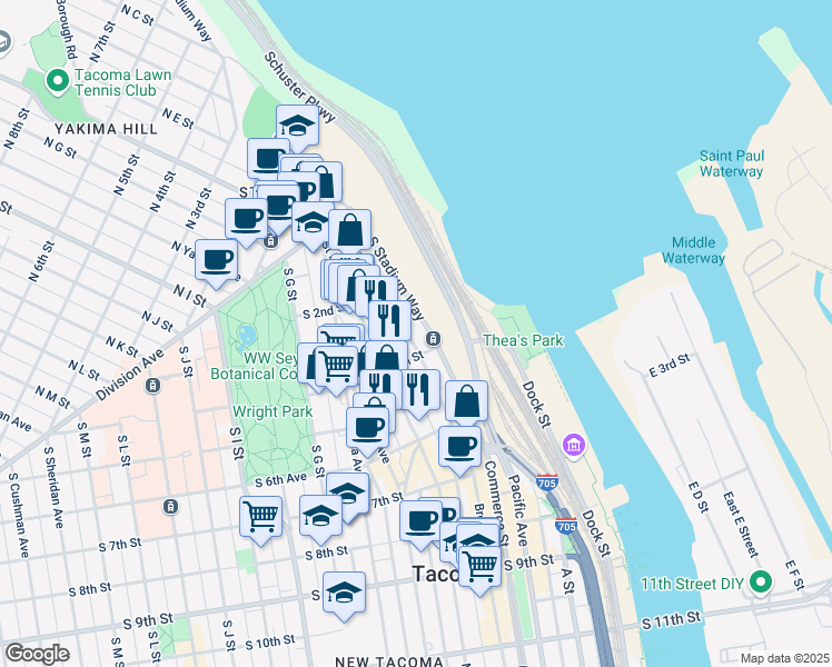 map of restaurants, bars, coffee shops, grocery stores, and more near 235 Broadway in Tacoma