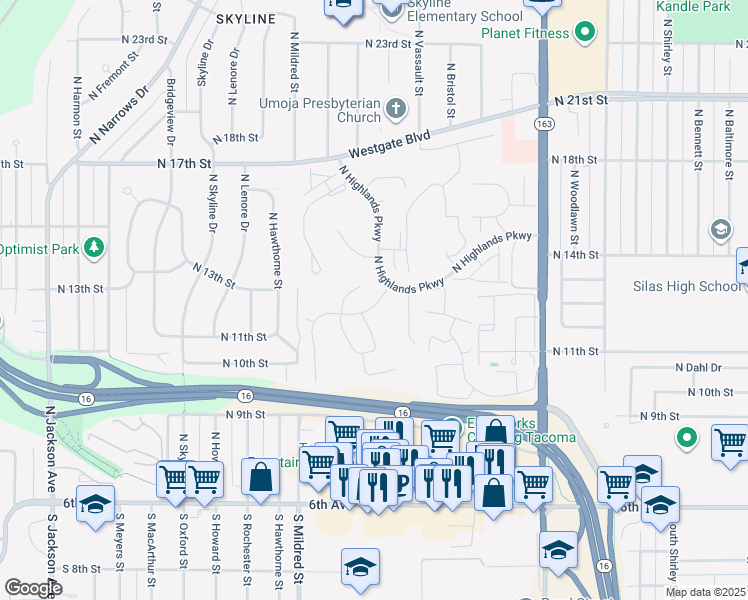 map of restaurants, bars, coffee shops, grocery stores, and more near 1238 North Highlands Parkway in Tacoma