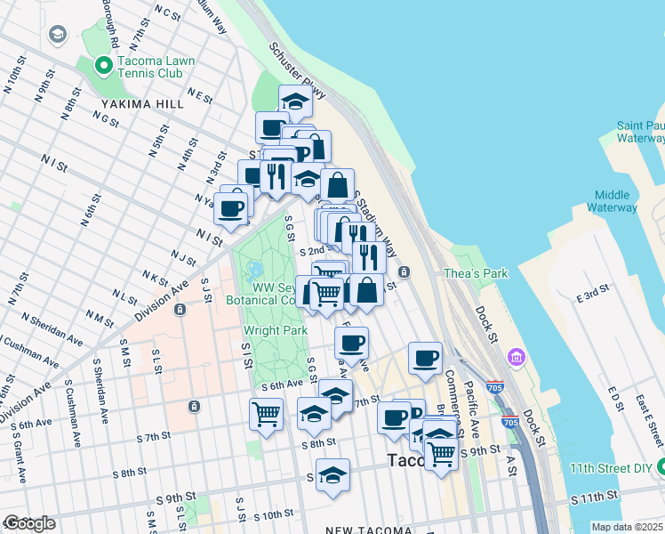 map of restaurants, bars, coffee shops, grocery stores, and more near 204 Tacoma Avenue South in Tacoma