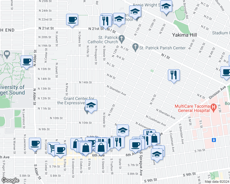 map of restaurants, bars, coffee shops, grocery stores, and more near 1010 North Sheridan Avenue in Tacoma