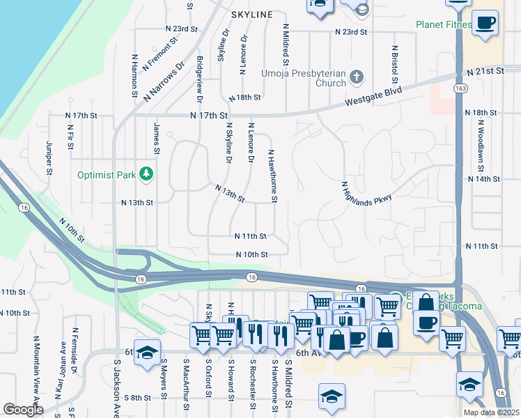 map of restaurants, bars, coffee shops, grocery stores, and more near 1310 North Hawthorne Street in Tacoma