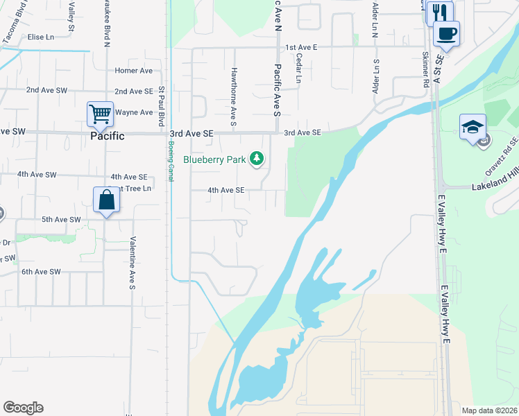 map of restaurants, bars, coffee shops, grocery stores, and more near 418 4th Avenue Southeast in Pacific