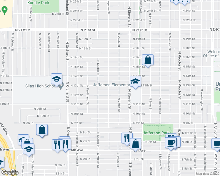 map of restaurants, bars, coffee shops, grocery stores, and more near 1221 North Cheyenne Street in Tacoma