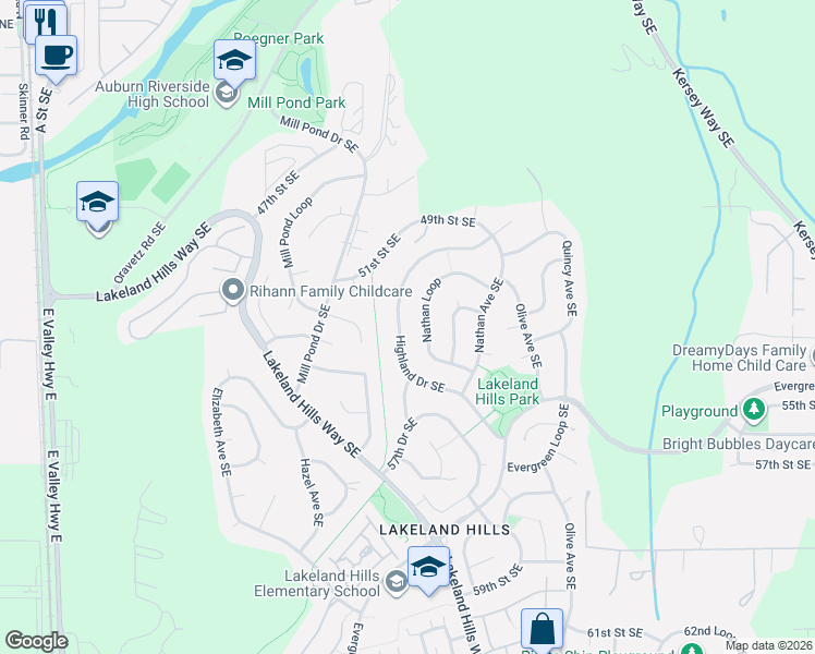 map of restaurants, bars, coffee shops, grocery stores, and more near 5228 Highland Drive Southeast in Auburn
