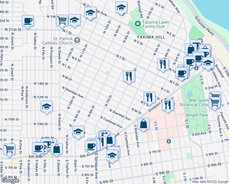 map of restaurants, bars, coffee shops, grocery stores, and more near 1118 North 7th Street in Tacoma