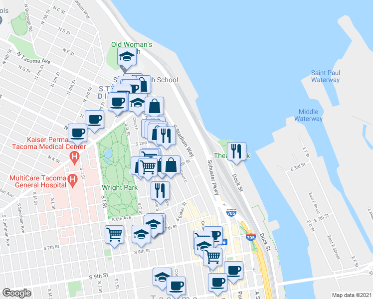 map of restaurants, bars, coffee shops, grocery stores, and more near 218 South Stadium Way in Tacoma