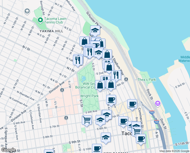 map of restaurants, bars, coffee shops, grocery stores, and more near 121 South G Street in Tacoma
