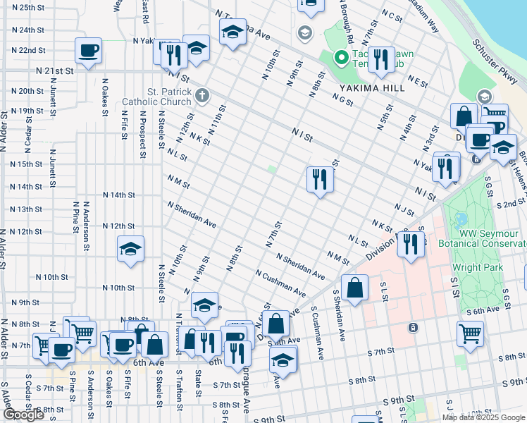 map of restaurants, bars, coffee shops, grocery stores, and more near 716 North L Street in Tacoma
