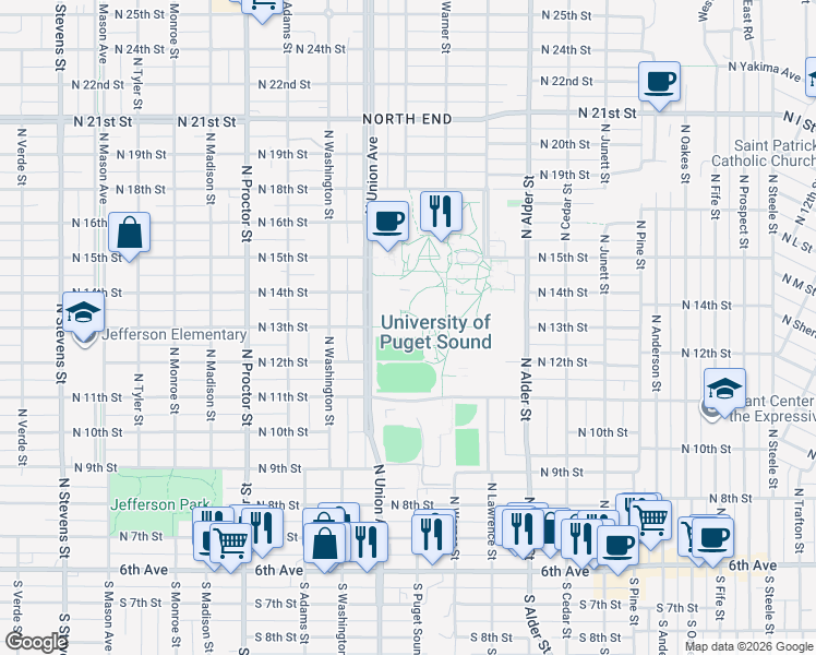map of restaurants, bars, coffee shops, grocery stores, and more near 1500 North Warner Street in Tacoma