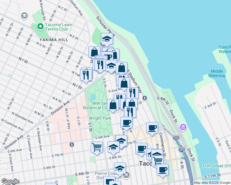 map of restaurants, bars, coffee shops, grocery stores, and more near 204 Tacoma Avenue South in Tacoma