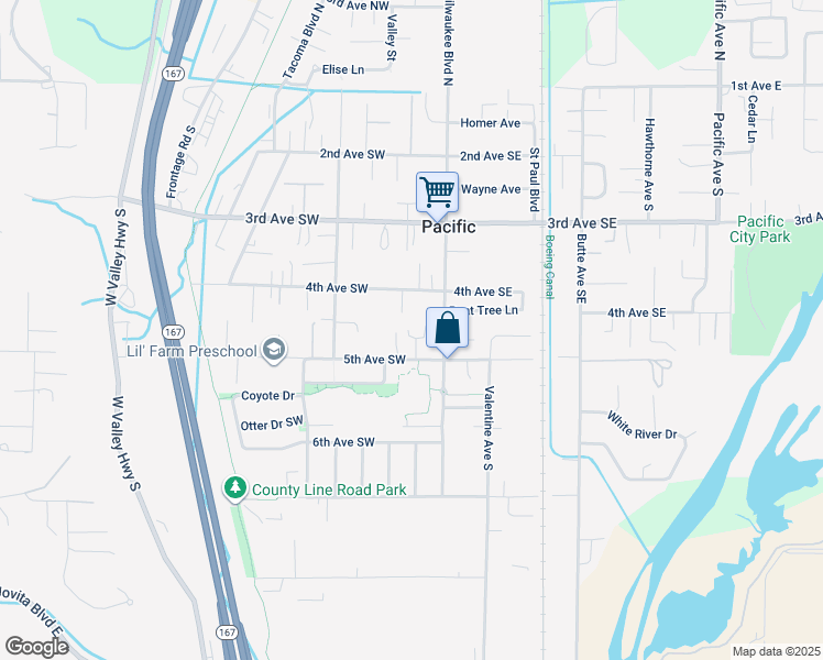 map of restaurants, bars, coffee shops, grocery stores, and more near 112 1/2 5th Avenue Southwest in Pacific