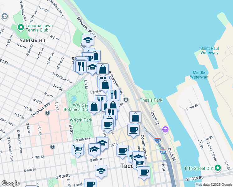 map of restaurants, bars, coffee shops, grocery stores, and more near 218 South Stadium Way in Tacoma