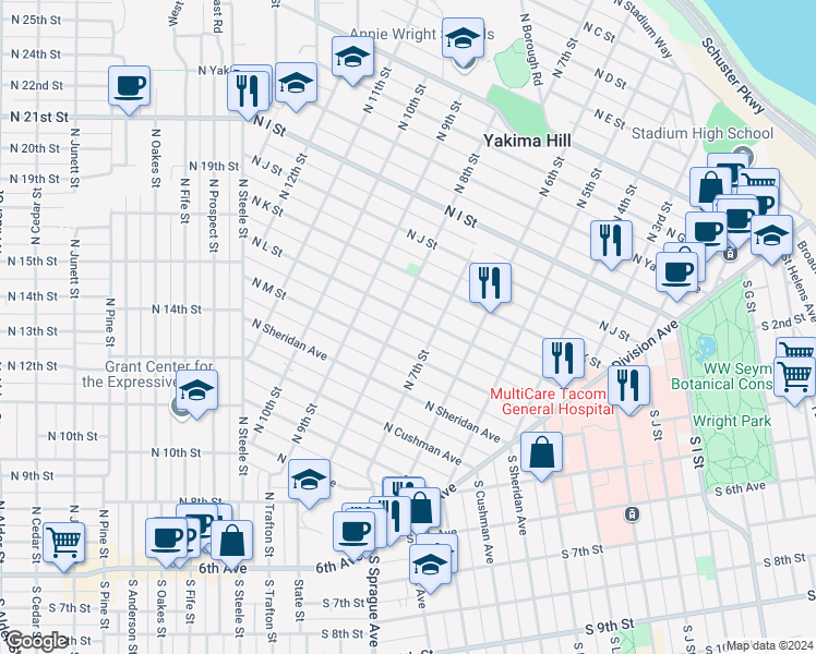 map of restaurants, bars, coffee shops, grocery stores, and more near 716 North L Street in Tacoma