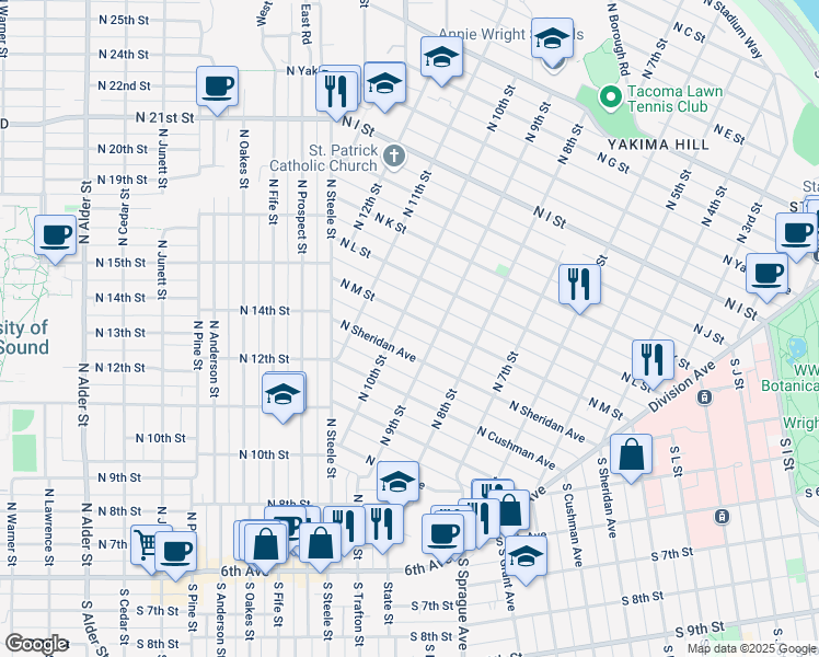 map of restaurants, bars, coffee shops, grocery stores, and more near 910 North M Street in Tacoma