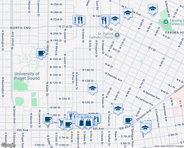 map of restaurants, bars, coffee shops, grocery stores, and more near 1401 North Fife Street in Tacoma