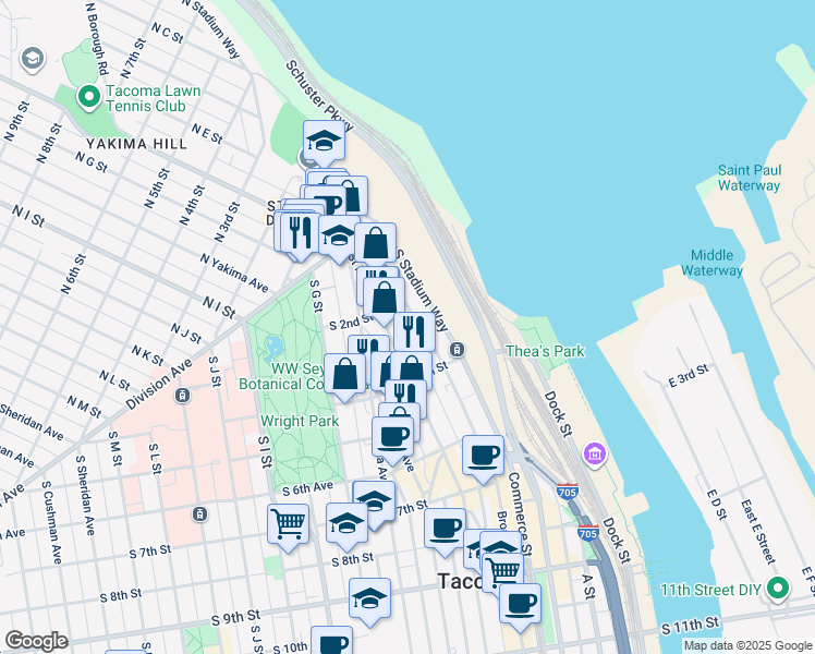 map of restaurants, bars, coffee shops, grocery stores, and more near 216 Court C in Tacoma