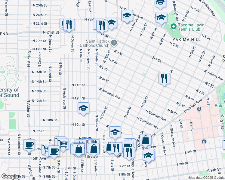 map of restaurants, bars, coffee shops, grocery stores, and more near 1311 North 10th Street in Tacoma