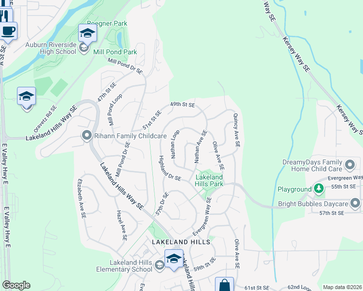 map of restaurants, bars, coffee shops, grocery stores, and more near 5201 Marshall Avenue Southeast in Auburn