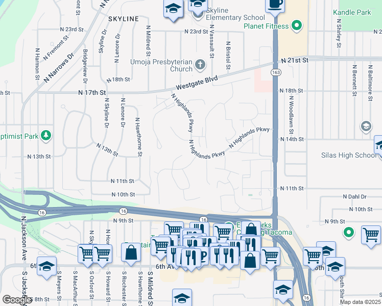 map of restaurants, bars, coffee shops, grocery stores, and more near 1238 North Highlands Parkway in Tacoma