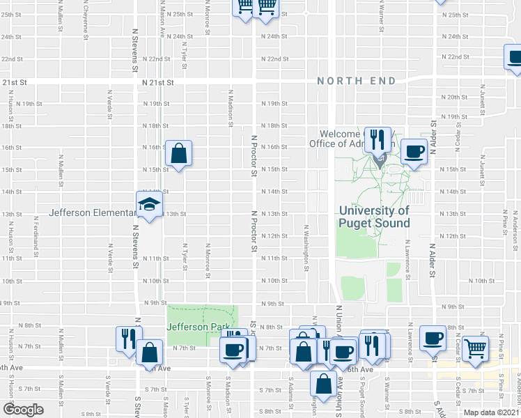 map of restaurants, bars, coffee shops, grocery stores, and more near 3819 North 13th Street in Tacoma