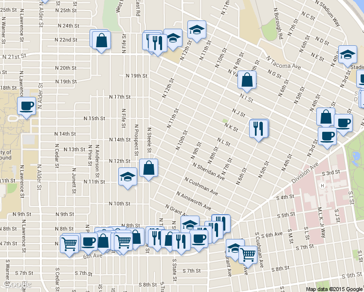 map of restaurants, bars, coffee shops, grocery stores, and more near 1311 North 10th Street in Tacoma
