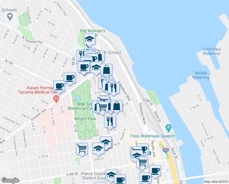 map of restaurants, bars, coffee shops, grocery stores, and more near 216 Court C in Tacoma