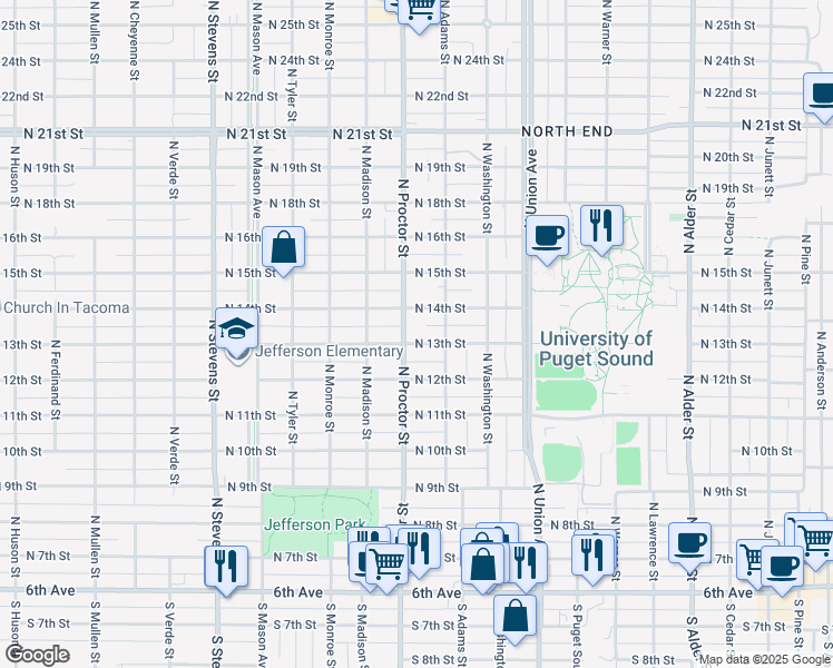 map of restaurants, bars, coffee shops, grocery stores, and more near 3819 North 13th Street in Tacoma