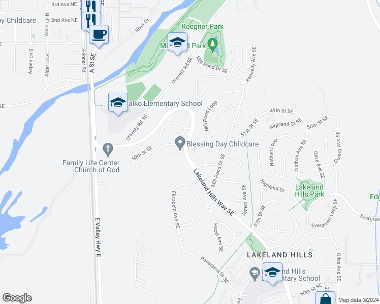 map of restaurants, bars, coffee shops, grocery stores, and more near 5201 Francis Court Southeast in Auburn