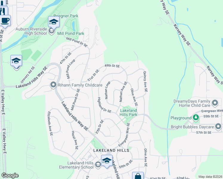 map of restaurants, bars, coffee shops, grocery stores, and more near 5201 Marshall Avenue Southeast in Auburn
